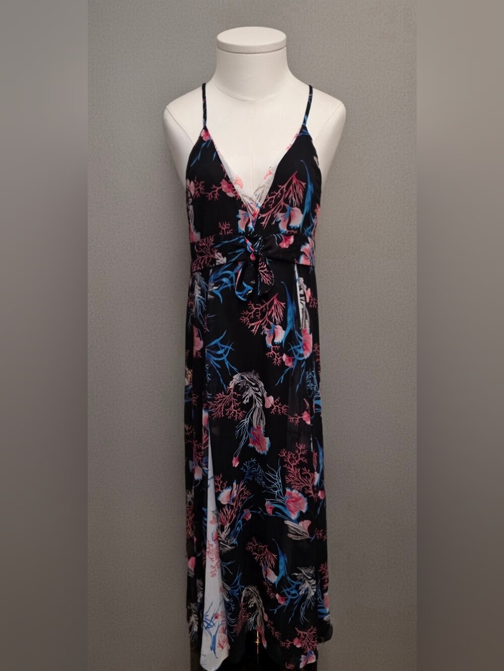 Black Floral V-Neck Maxi Dress with Pink & Blue Accents